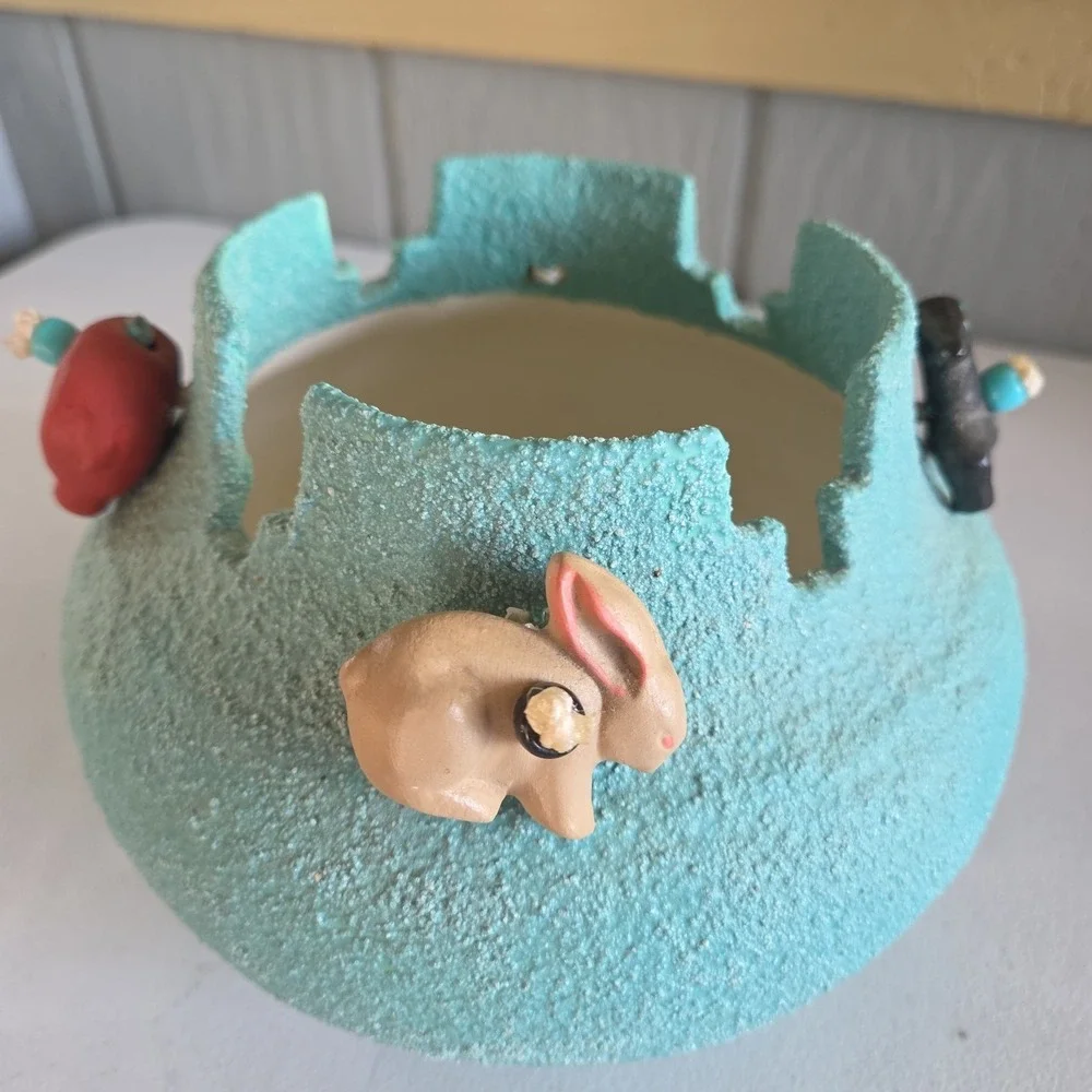 Textured Native American Fetish Teal Bowl Planter Bear Rabbit Fish Deer Beads